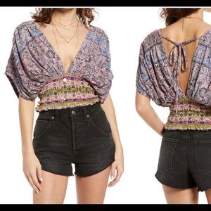 NWT Free People Smocked Elastic V-neck Blouse
